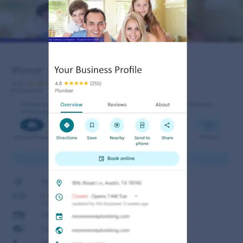 The image shows a mock up of a Google Business Profile and is an illustration of work that would be done on a local Brownsville SEO listing.