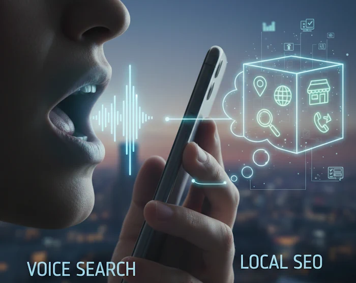 the image shows a customer talking into their phone to receive a result in search.